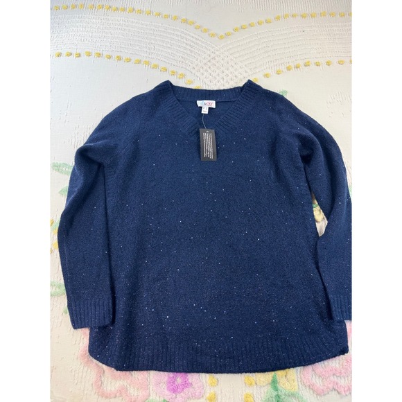 Denim & Co. Sweaters - Denim & Co Navy Blue Sequin Shimmer V-Neck Knit Sweater Womens M  NWT A670650